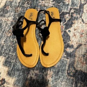 2/$5- Etcetera Black Floral T-Strap Sandals with Mustard Footbed